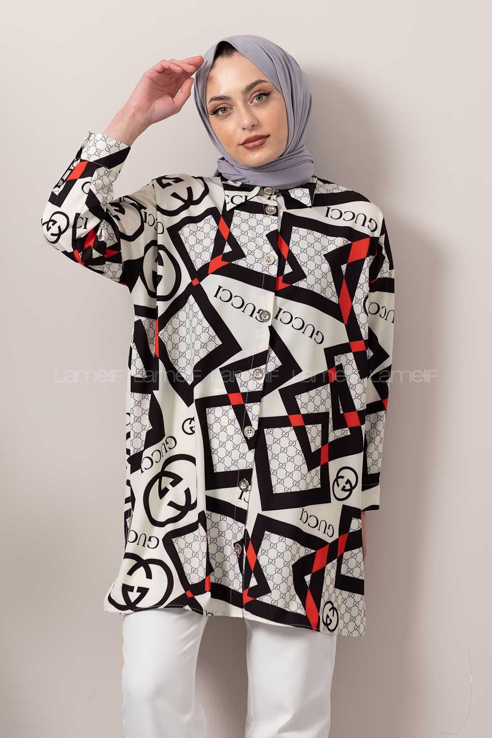 Modalamelif Geometrik Desen Dijital Baskı Gömlek Siyah