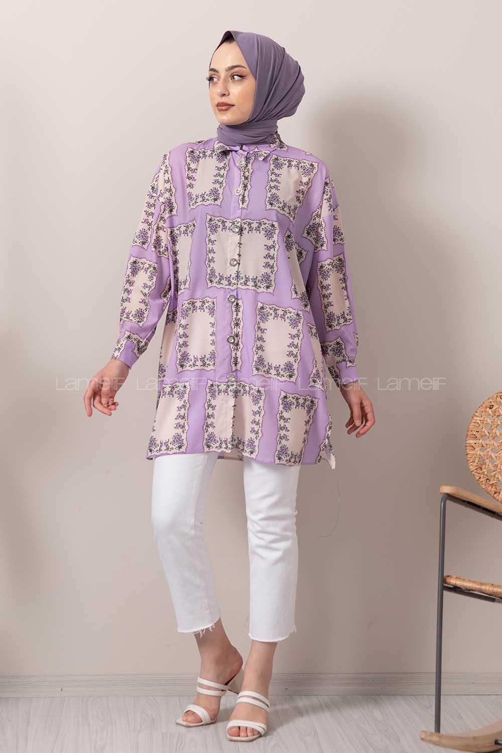 Modalamelif Kilim Desen Dijital Baskı Gömlek Mor