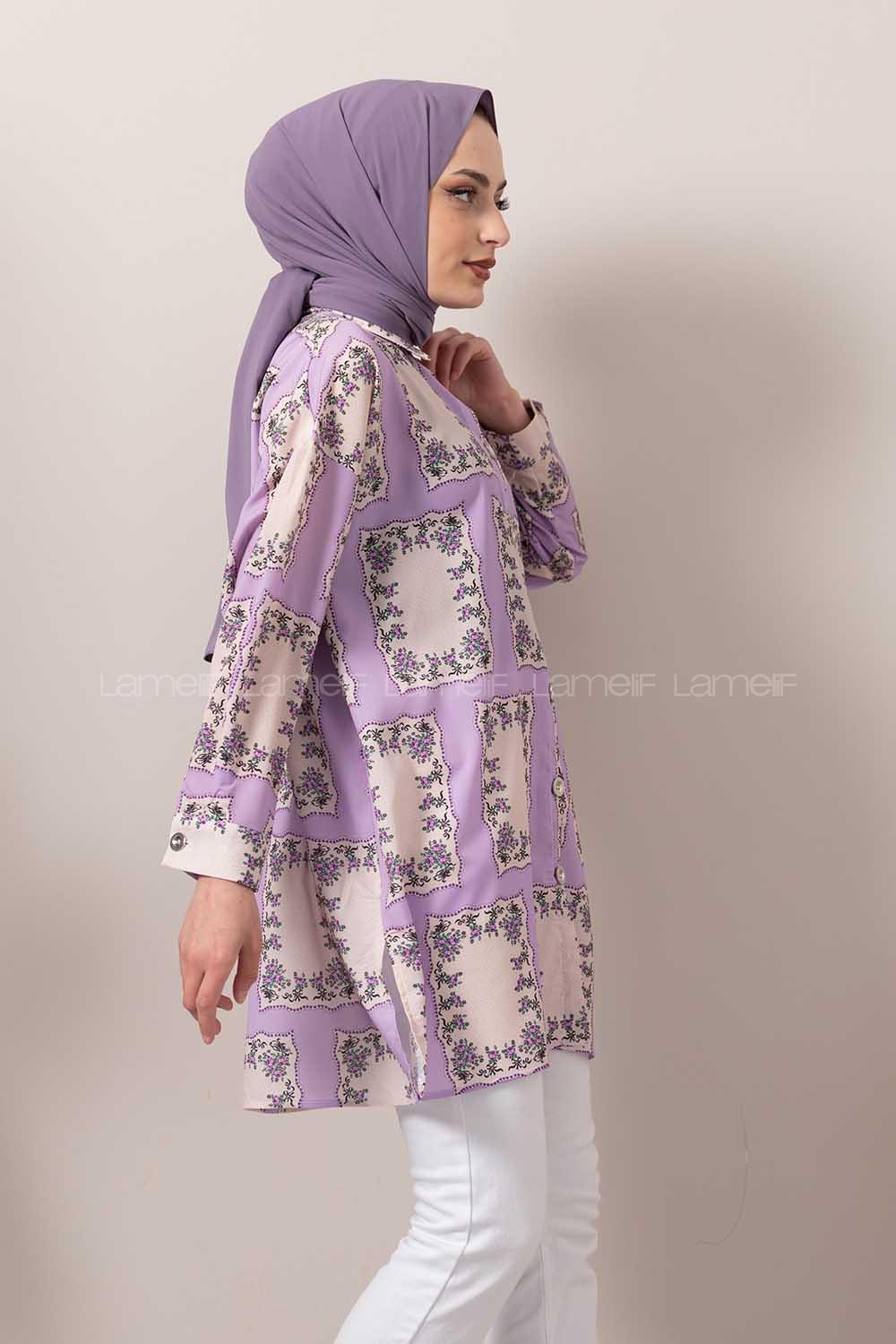 Modalamelif Kilim Desen Dijital Baskı Gömlek Mor