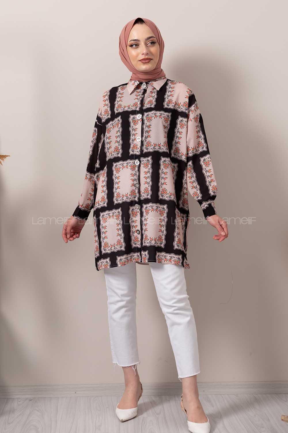 Modalamelif Kilim Desen Dijital Baskı Gömlek Pudra