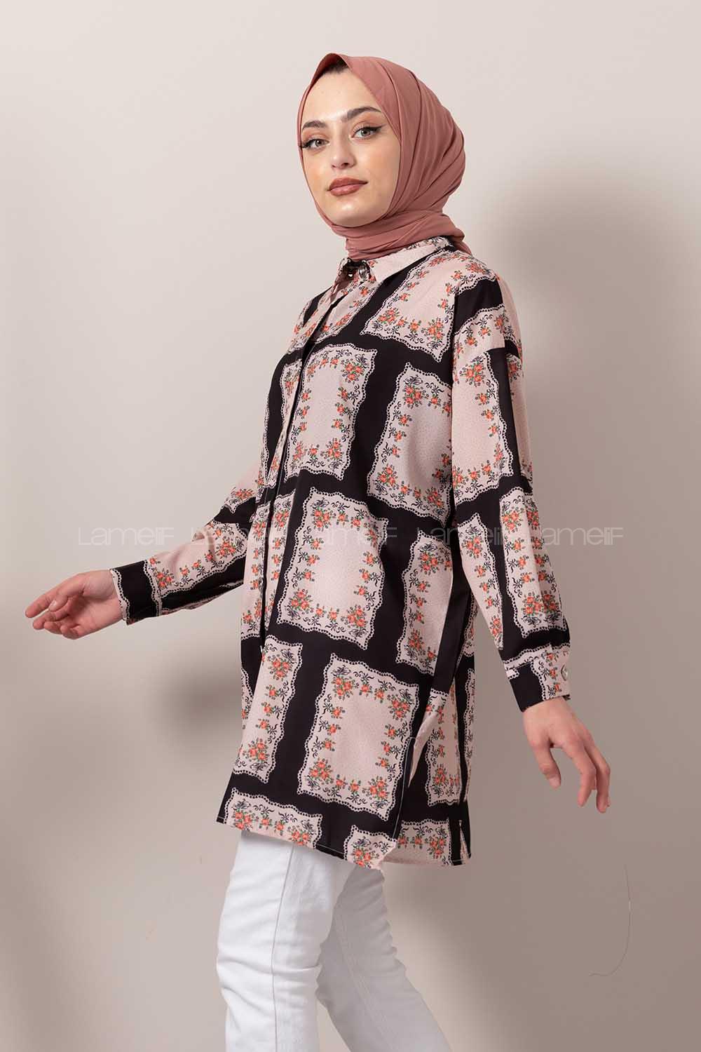 Modalamelif Kilim Desen Dijital Baskı Gömlek Pudra