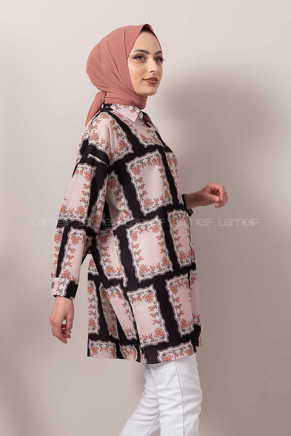 Modalamelif Kilim Desen Dijital Baskı Gömlek Pudra