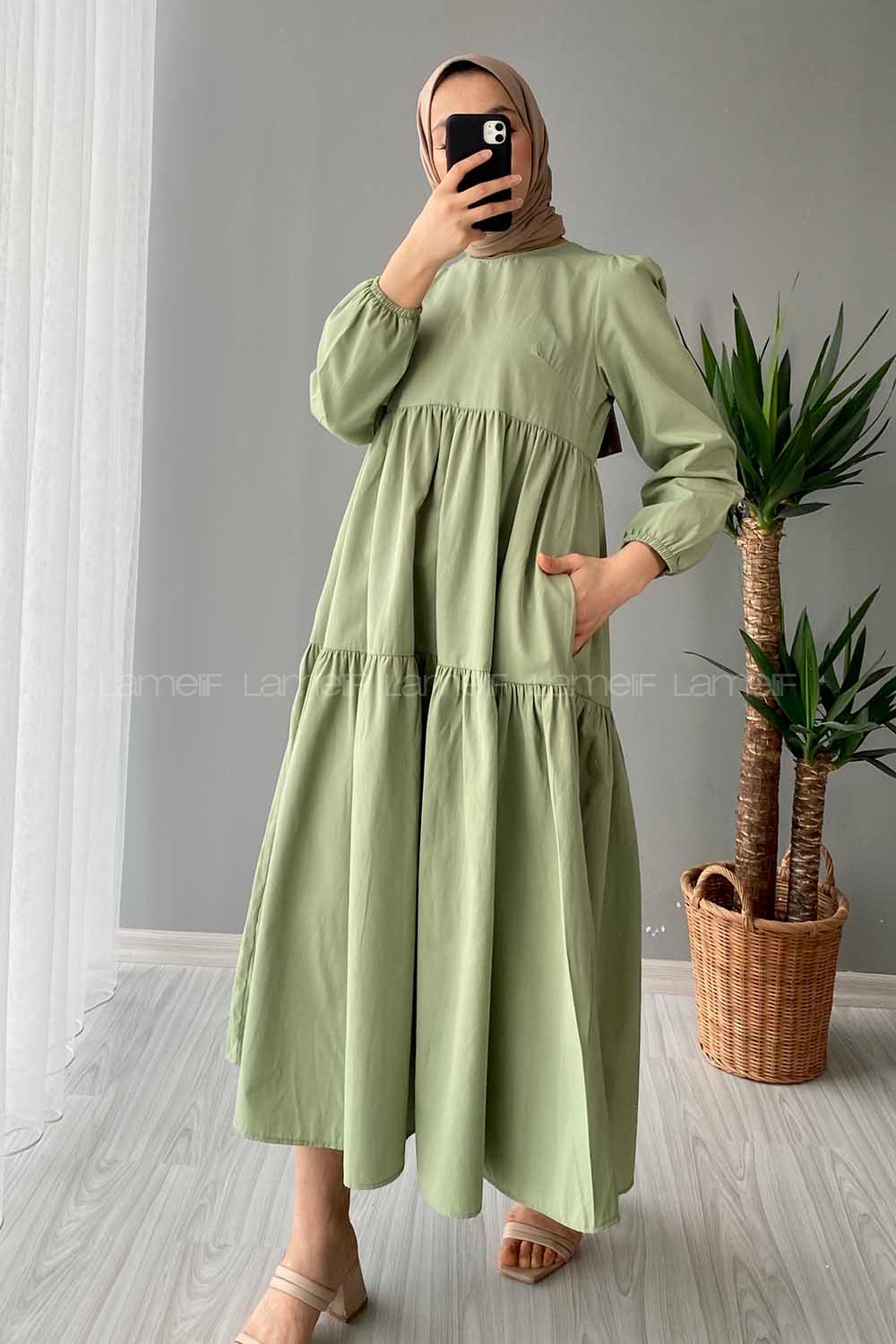 Modalamelif Kol Lastikli Fırfırlı Elbise Çağla