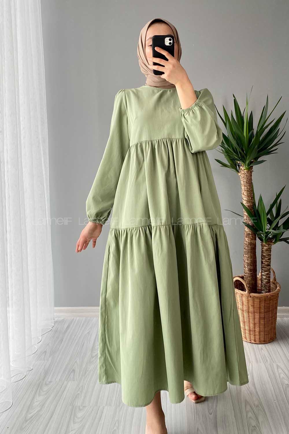 Modalamelif Kol Lastikli Fırfırlı Elbise Çağla