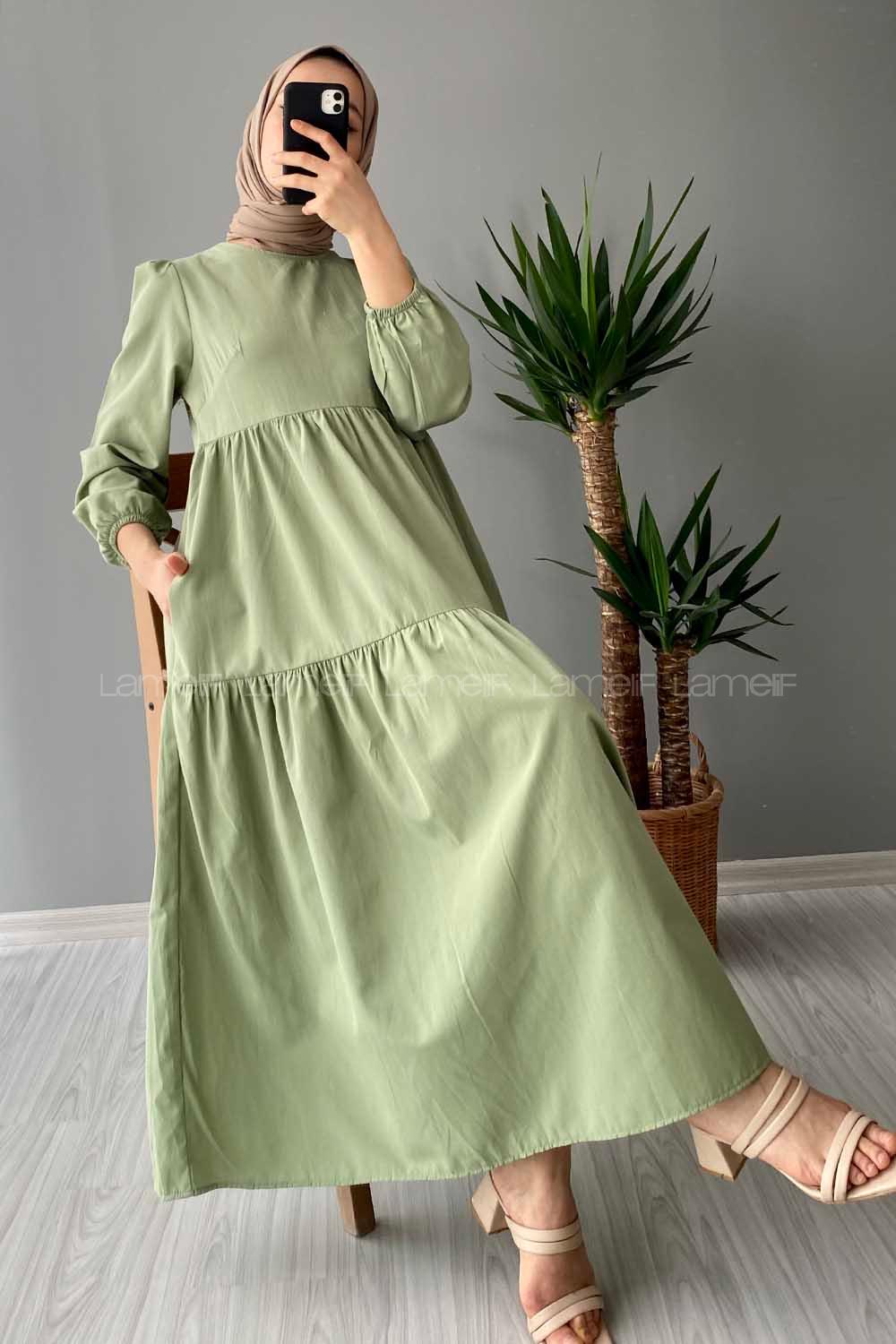 Modalamelif Kol Lastikli Fırfırlı Elbise Çağla