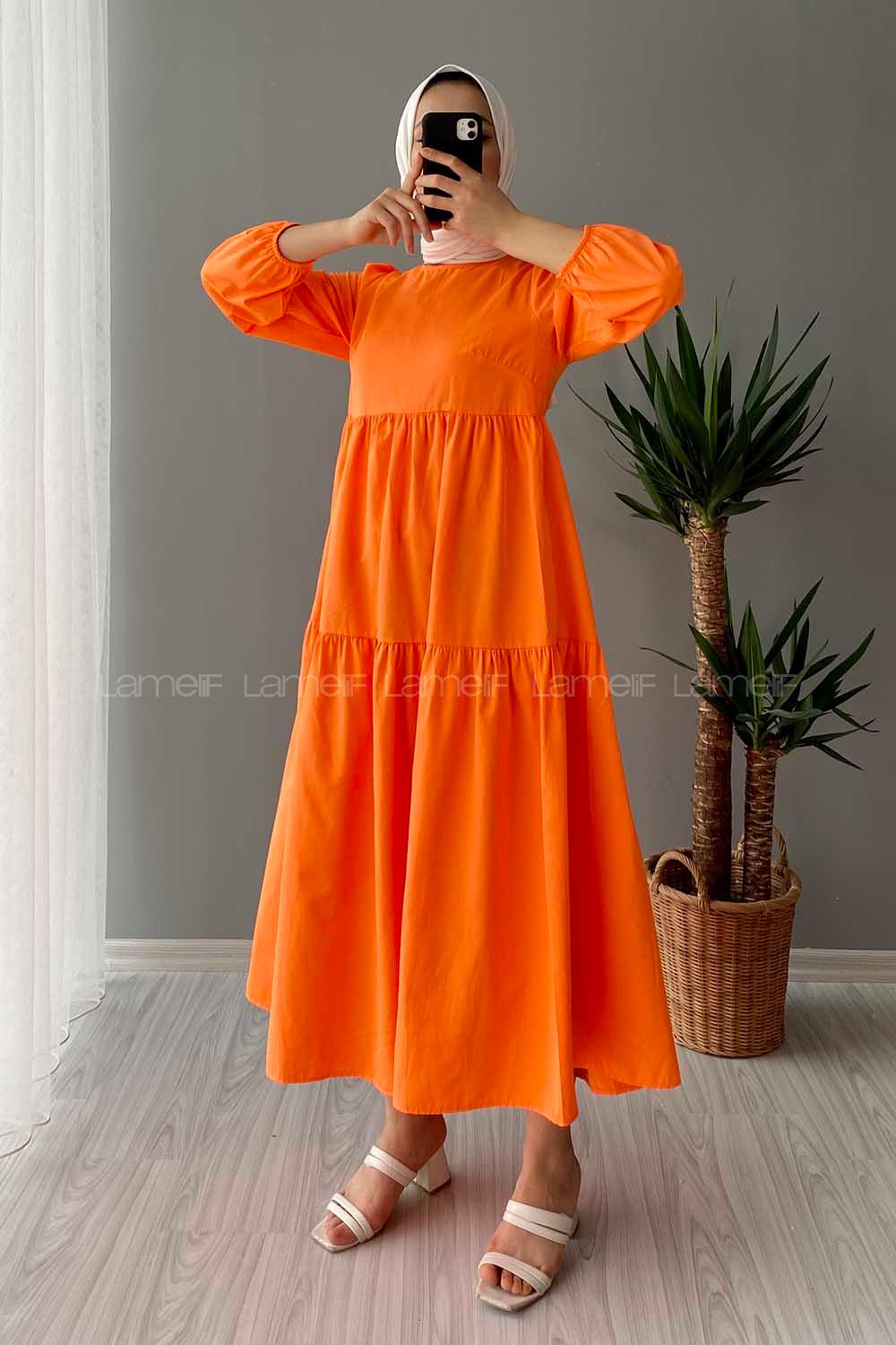 Modalamelif Kol Lastikli Fırfırlı Elbise Oranj