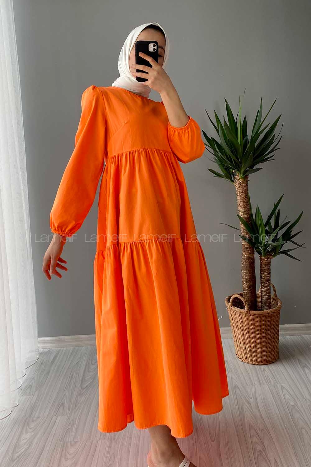 Modalamelif Kol Lastikli Fırfırlı Elbise Oranj