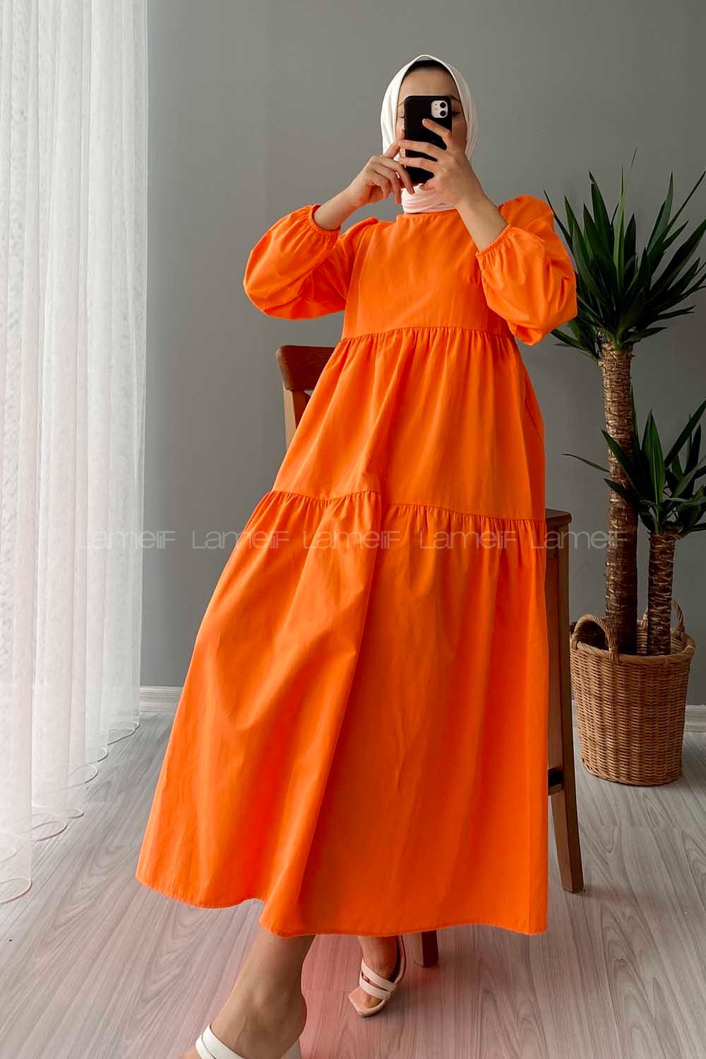 Modalamelif Kol Lastikli Fırfırlı Elbise Oranj