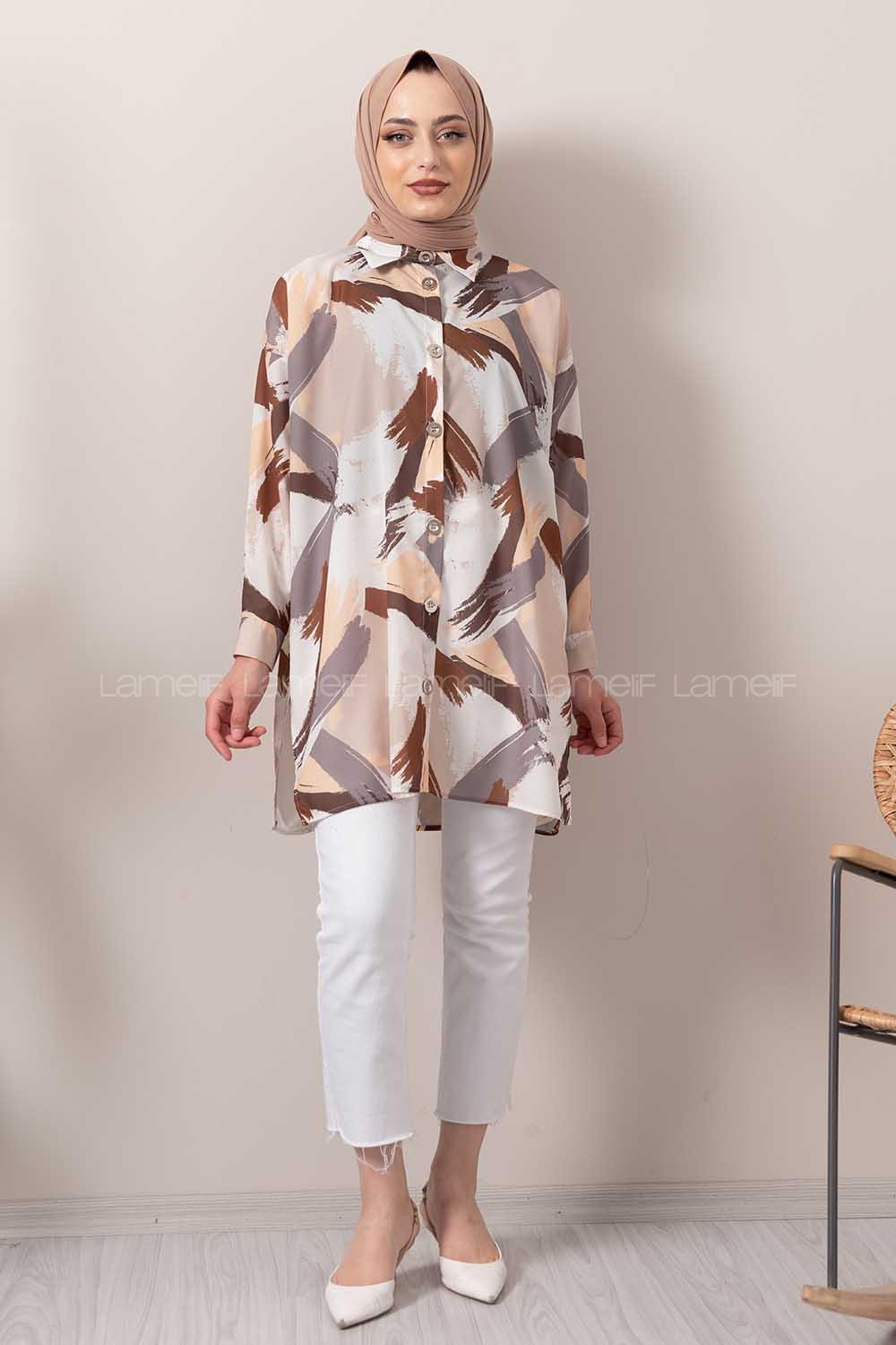 Modalamelif Soyut Desen Dijital Baskı Gömlek Gri-Bej