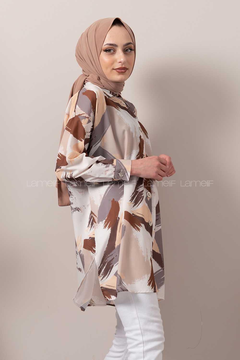 Modalamelif Soyut Desen Dijital Baskı Gömlek Gri-Bej
