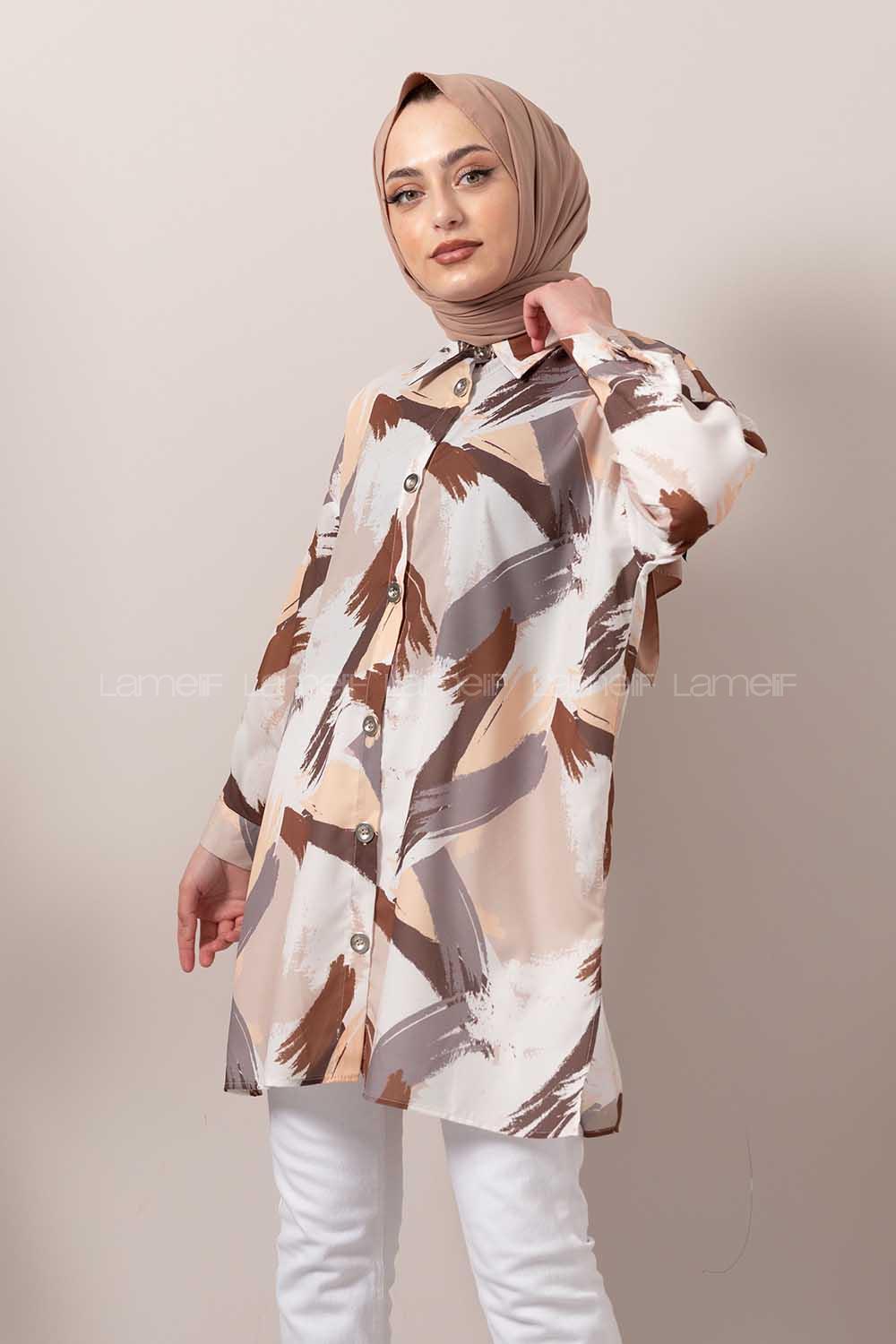 Modalamelif Soyut Desen Dijital Baskı Gömlek Gri-Bej