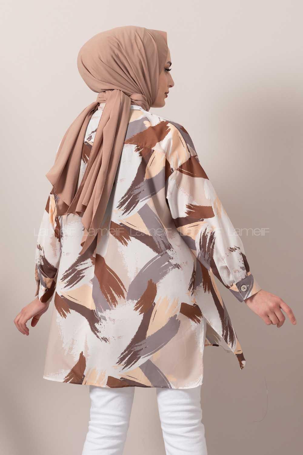 Modalamelif Soyut Desen Dijital Baskı Gömlek Gri-Bej