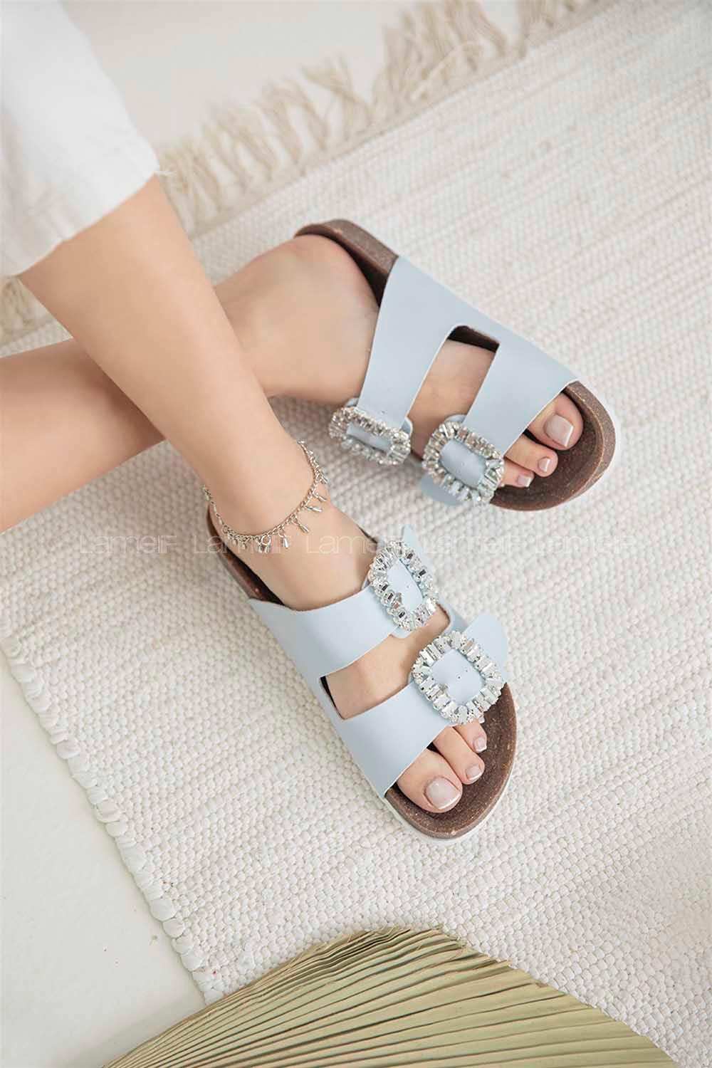 Modalamelif Volinda Kadın Taşlı Tokalı Deri Terlik Açık  Mavi