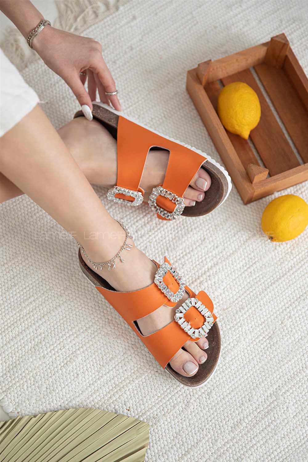 Modalamelif Volinda Kadın Taşlı Tokalı Deri Terlik Oranj