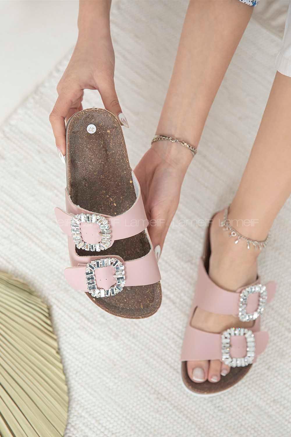 Modalamelif Volinda Kadın Taşlı Tokalı Deri Terlik Pudra