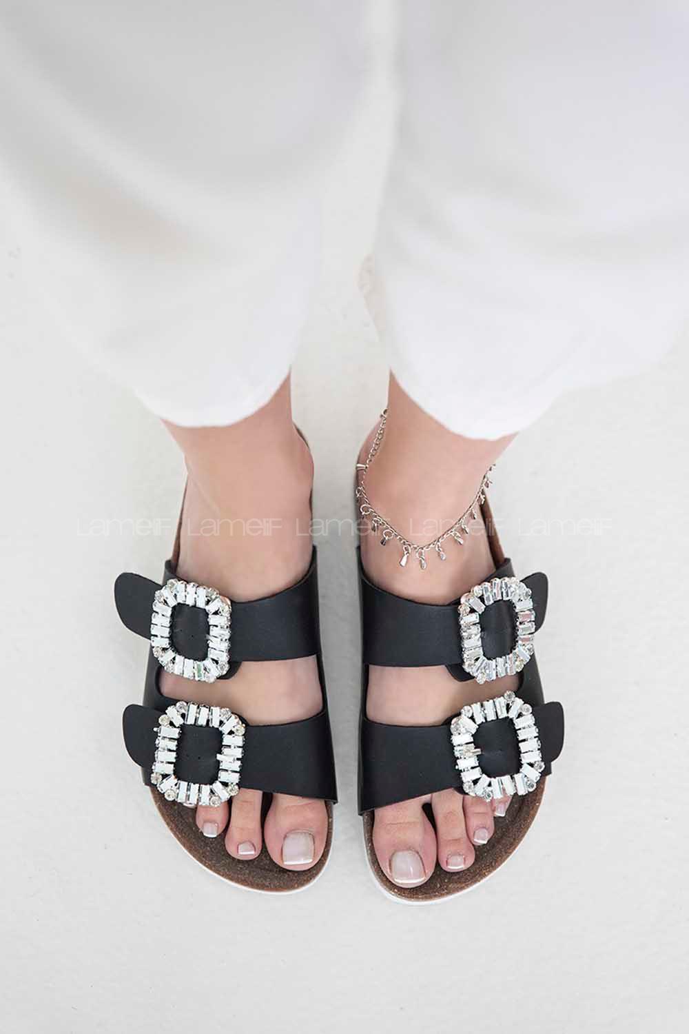 Modalamelif Volinda Kadın Taşlı Tokalı Deri Terlik Siyah