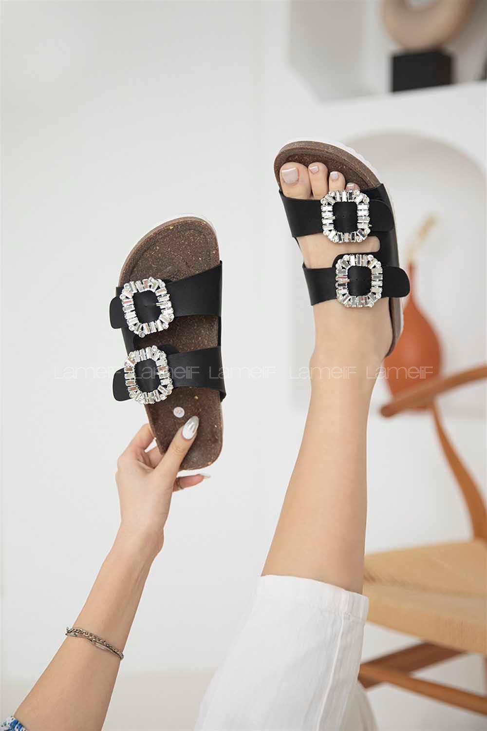 Modalamelif Volinda Kadın Taşlı Tokalı Deri Terlik Siyah