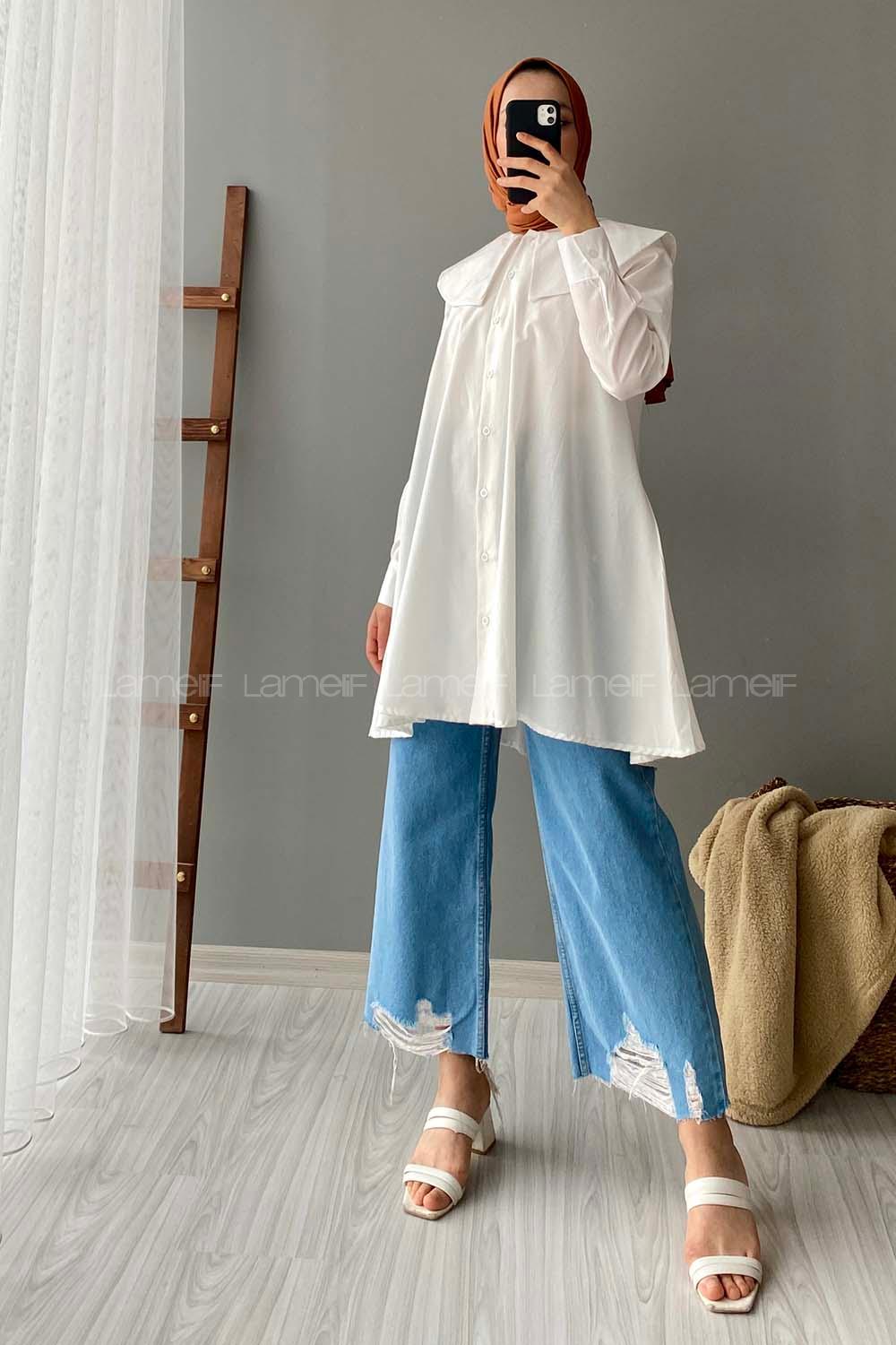 Modalamelif Önü Düğmeli Yaka Detaylı Tunik Ekru