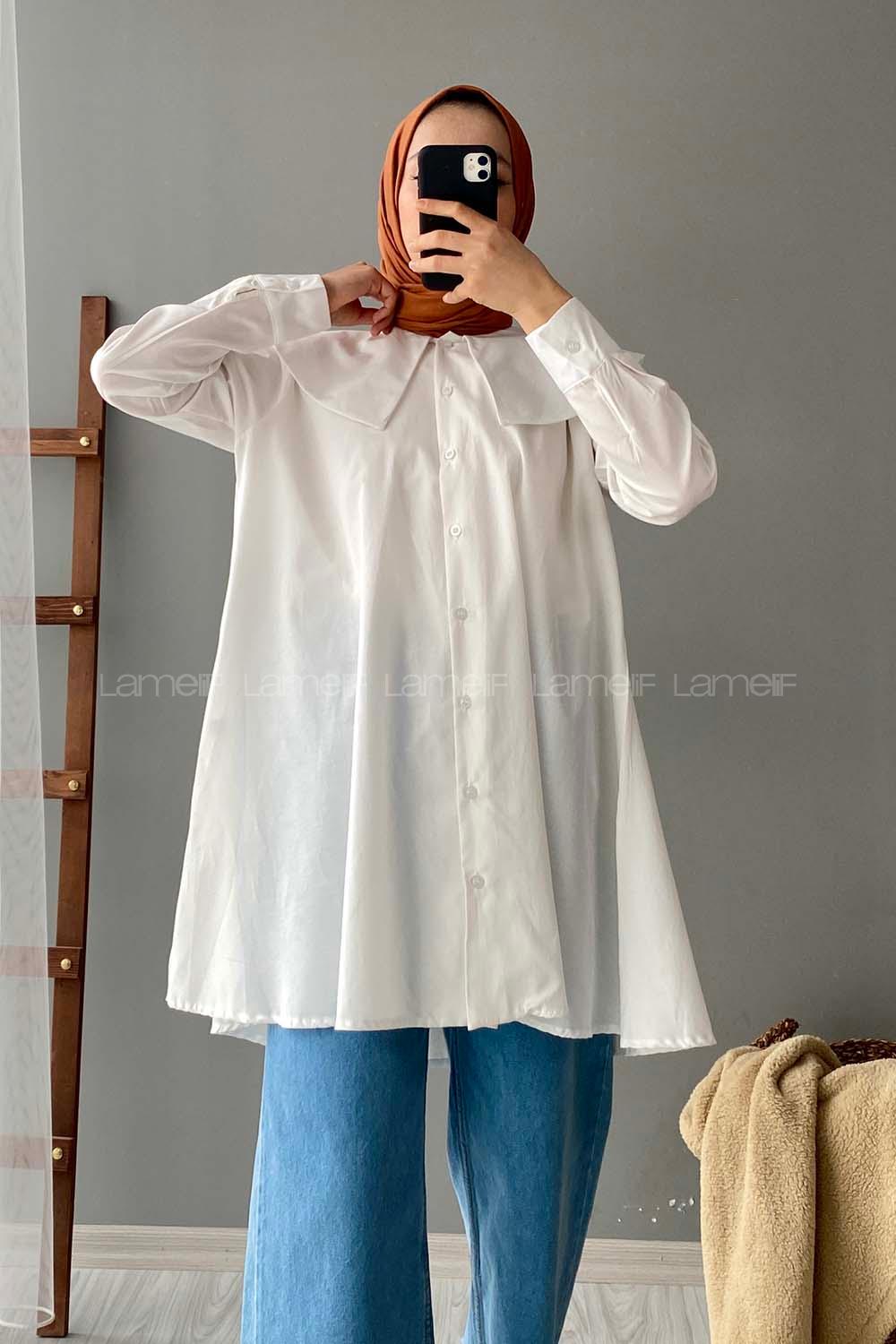 Modalamelif Önü Düğmeli Yaka Detaylı Tunik Ekru