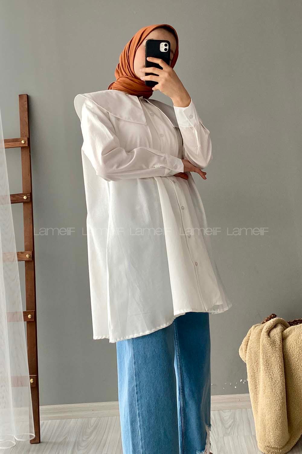 Modalamelif Önü Düğmeli Yaka Detaylı Tunik Ekru