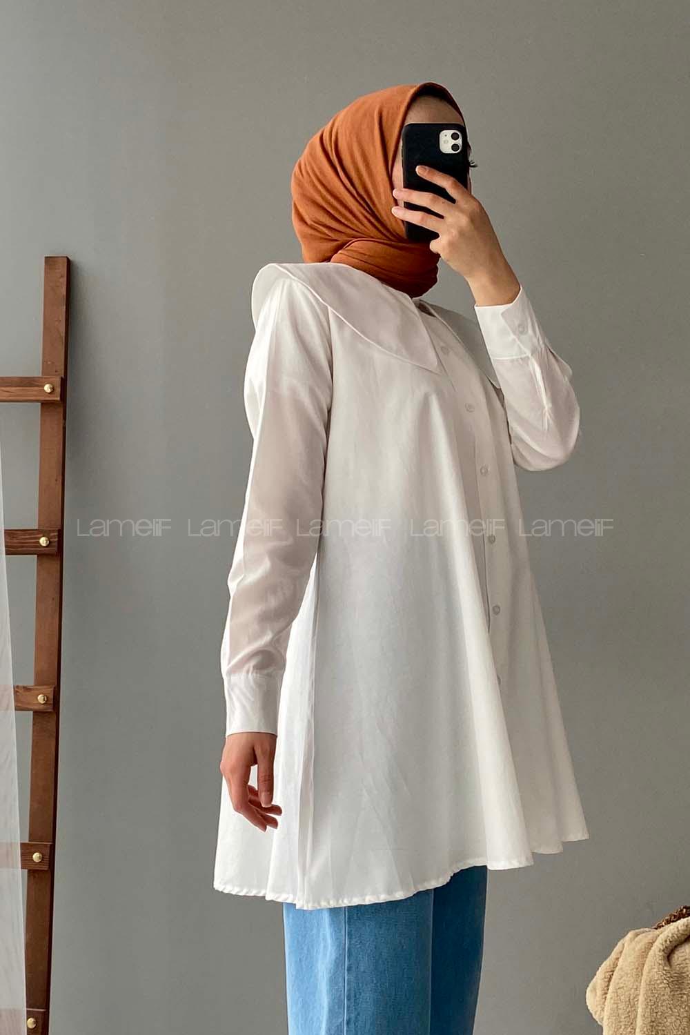 Modalamelif Önü Düğmeli Yaka Detaylı Tunik Ekru