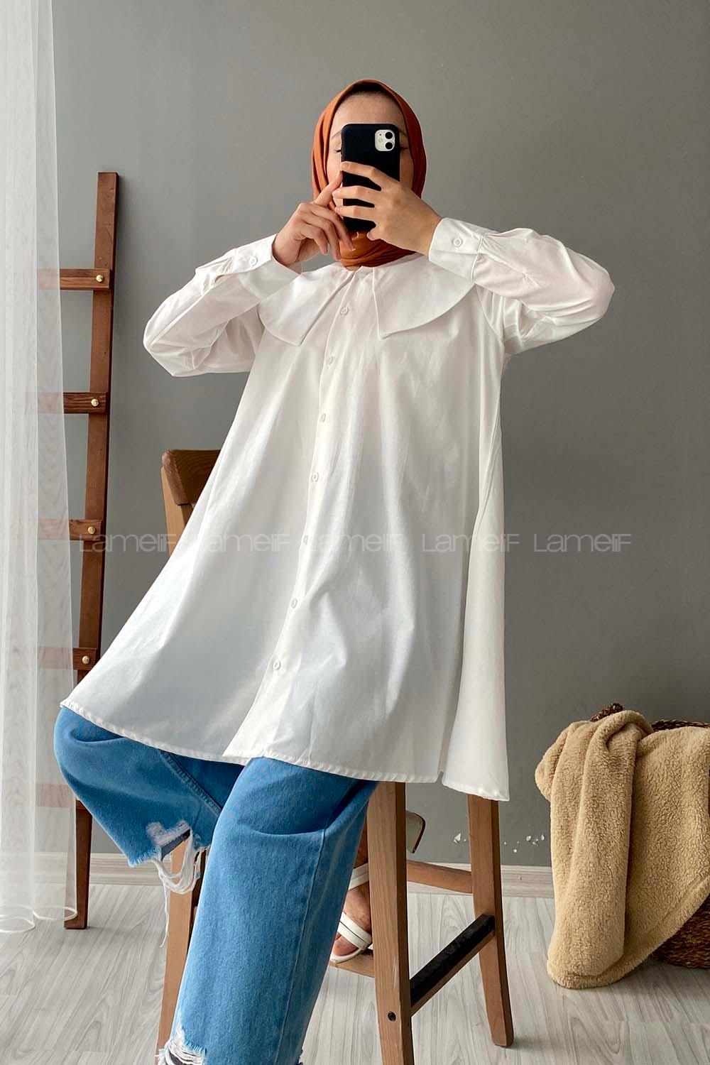 Modalamelif Önü Düğmeli Yaka Detaylı Tunik Ekru