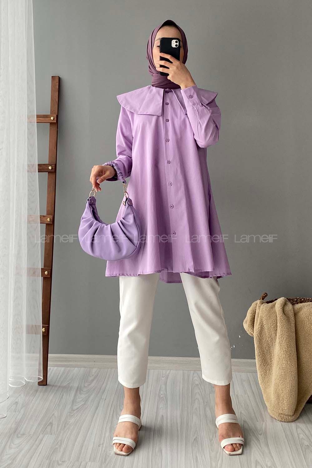 Modalamelif Önü Düğmeli Yaka Detaylı Tunik Lila