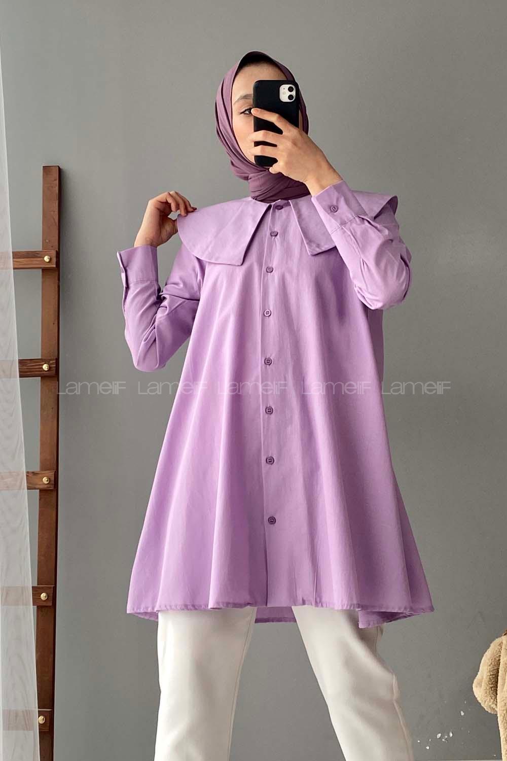 Modalamelif Önü Düğmeli Yaka Detaylı Tunik Lila