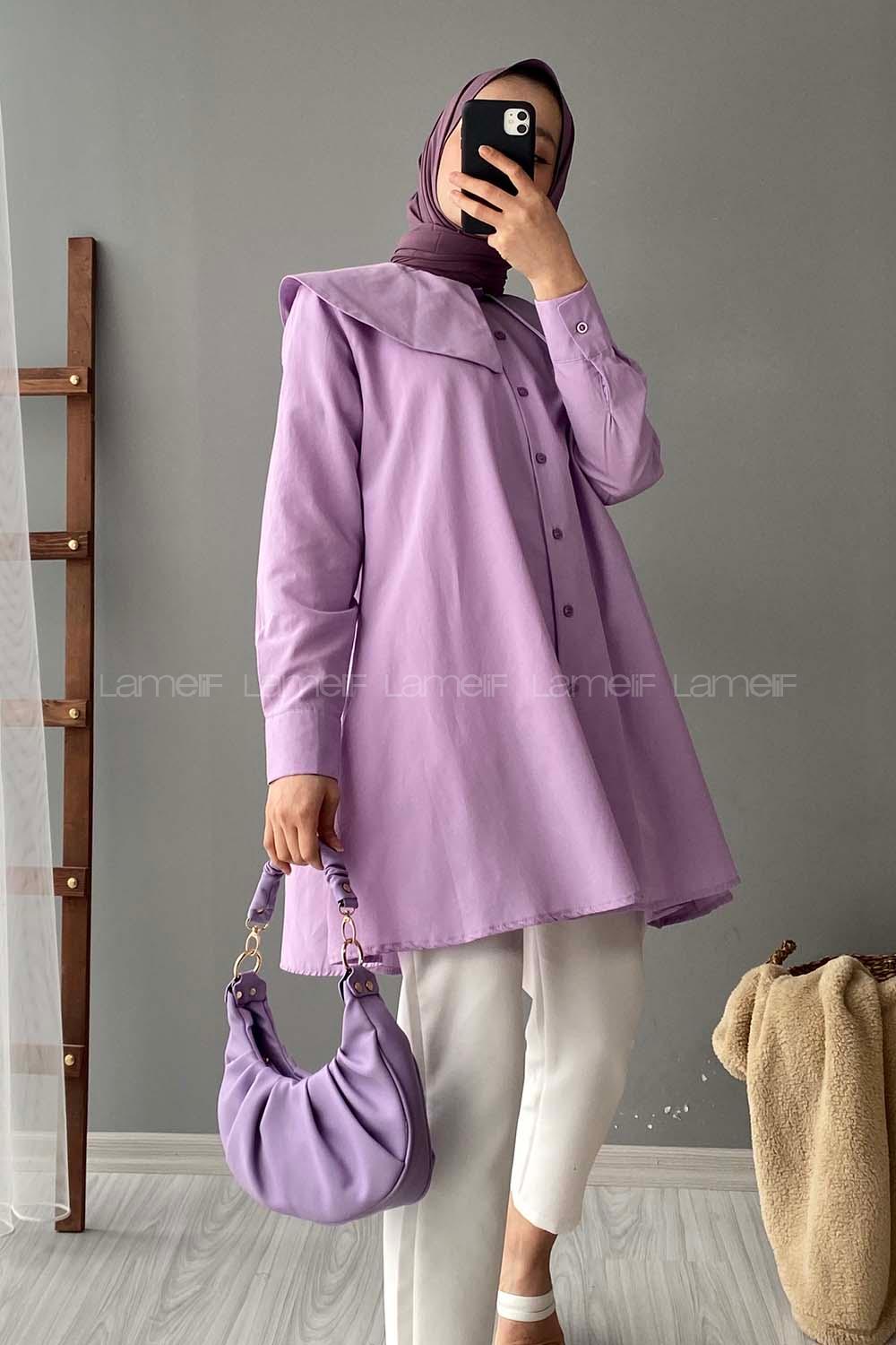 Modalamelif Önü Düğmeli Yaka Detaylı Tunik Lila