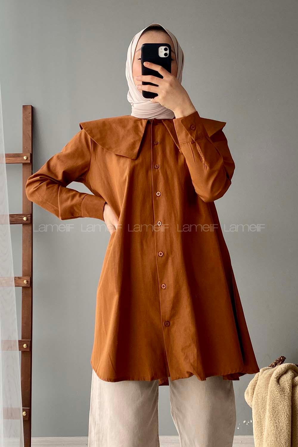 Modalamelif Önü Düğmeli Yaka Detaylı Tunik Taba