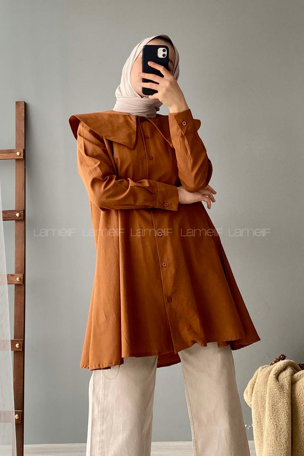 Modalamelif Önü Düğmeli Yaka Detaylı Tunik Taba