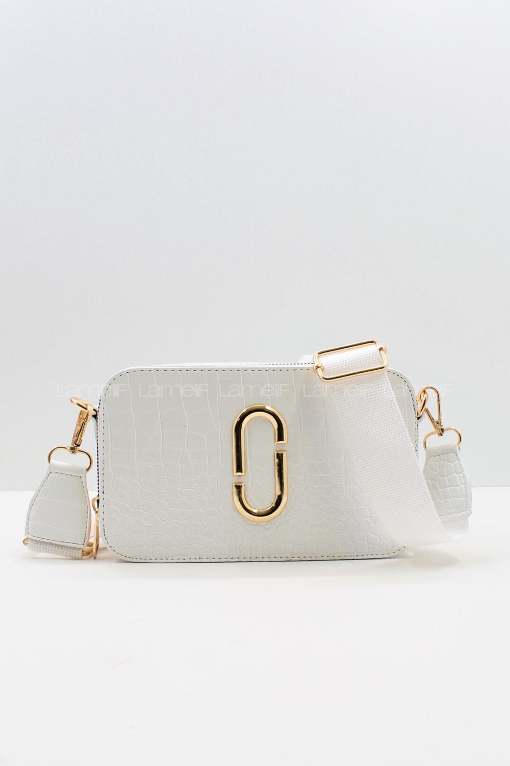 Lamelif Deri Görünümlü Dokulu Metal Detay Çanta Beyaz
