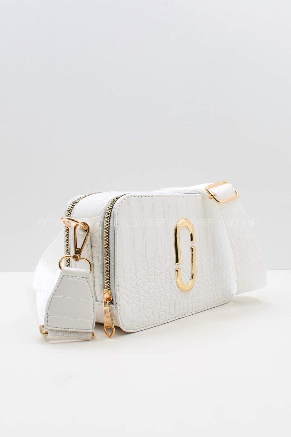 Lamelif Deri Görünümlü Dokulu Metal Detay Çanta Beyaz