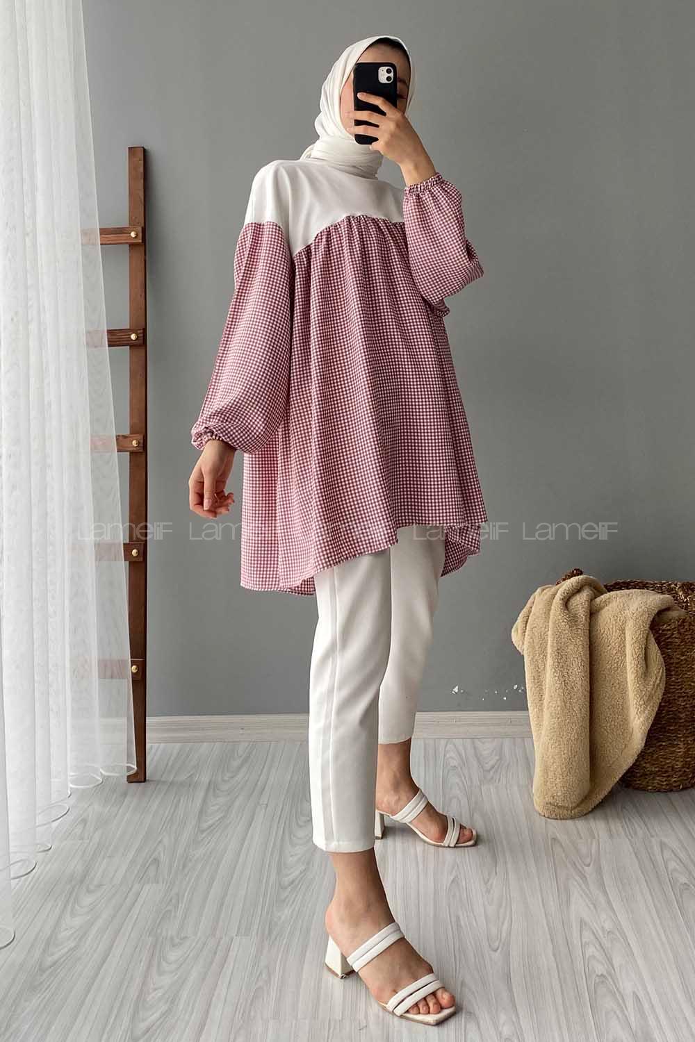 Modalamelif Ekose Garnili Sweatshirt Kırmızı