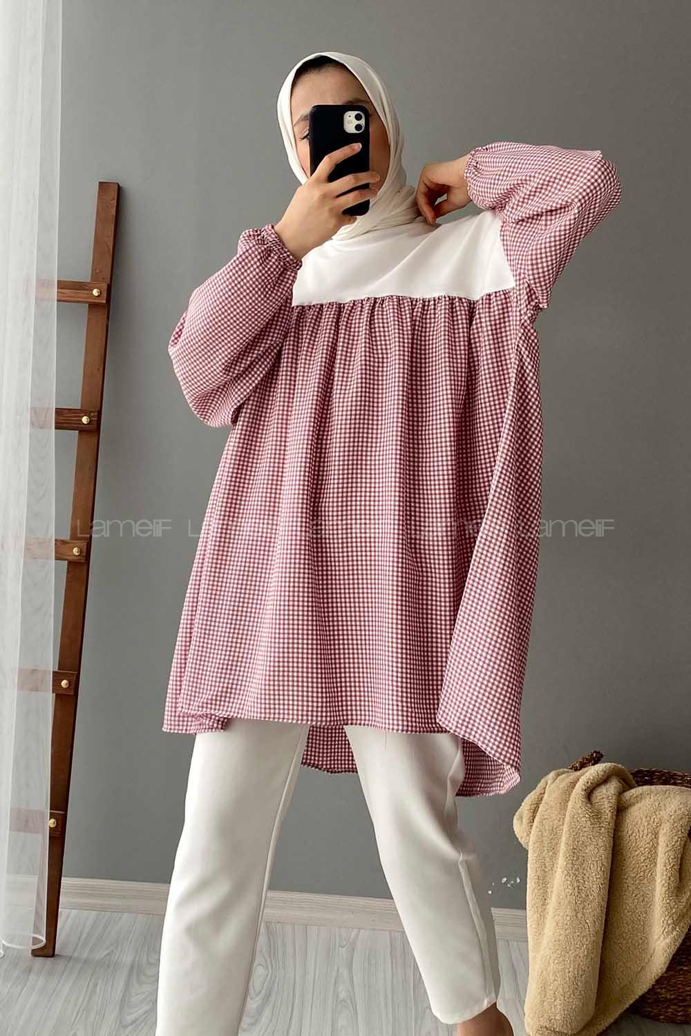 Modalamelif Ekose Garnili Sweatshirt Kırmızı