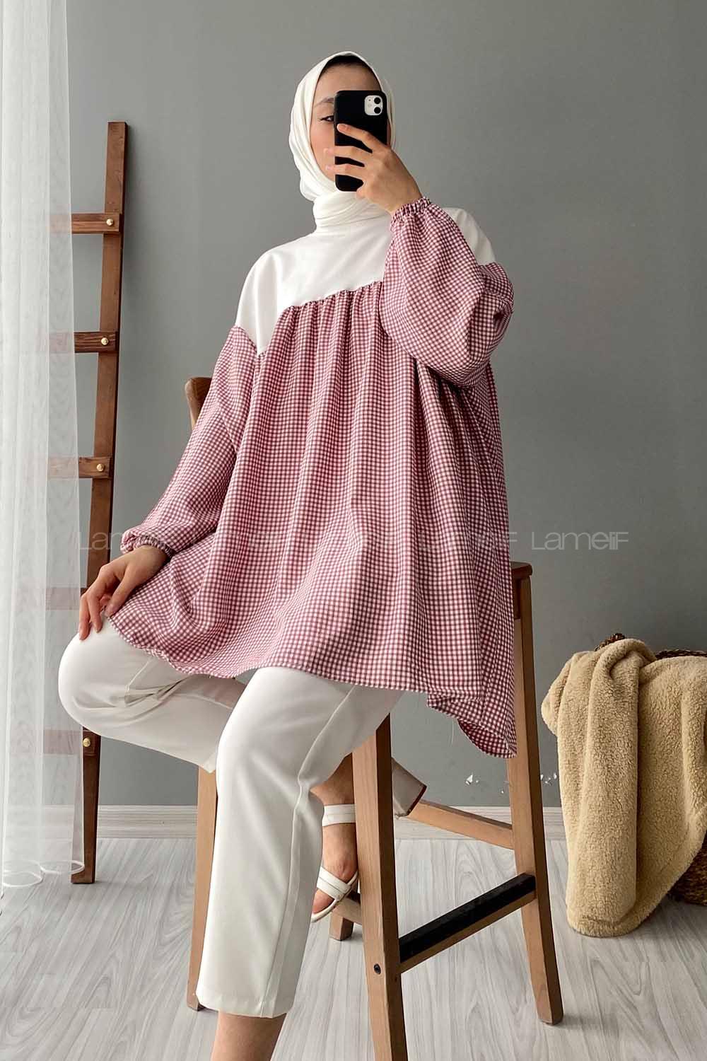 Modalamelif Ekose Garnili Sweatshirt Kırmızı