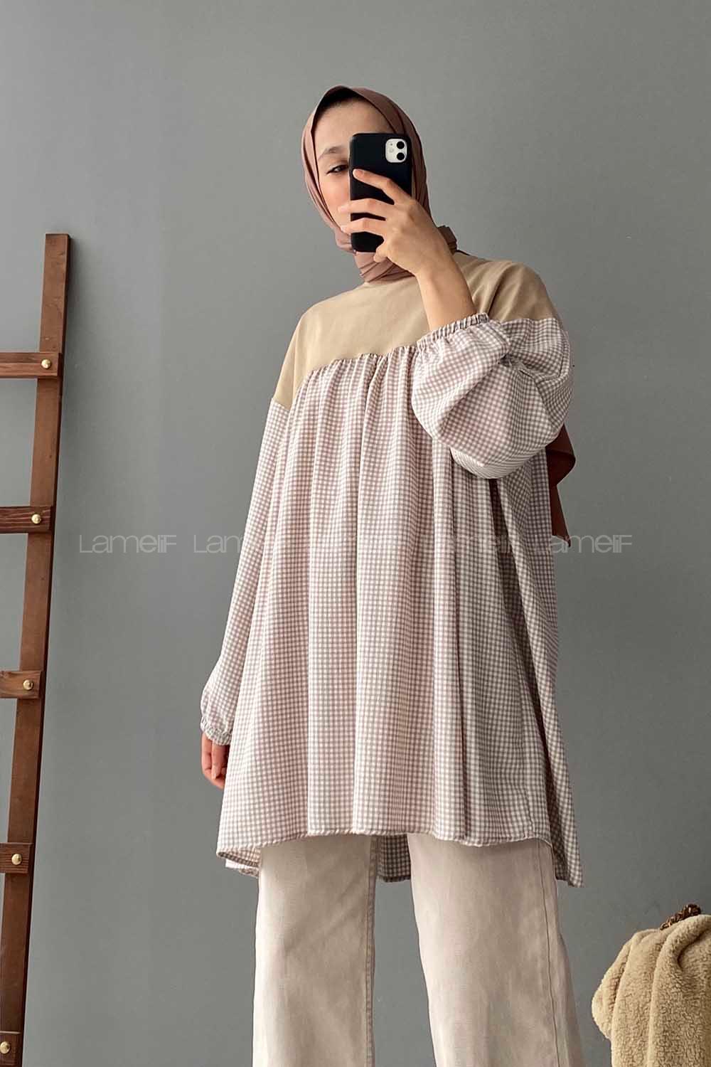 Modalamelif Ekose Garnili Sweatshirt Sütlü Kahve