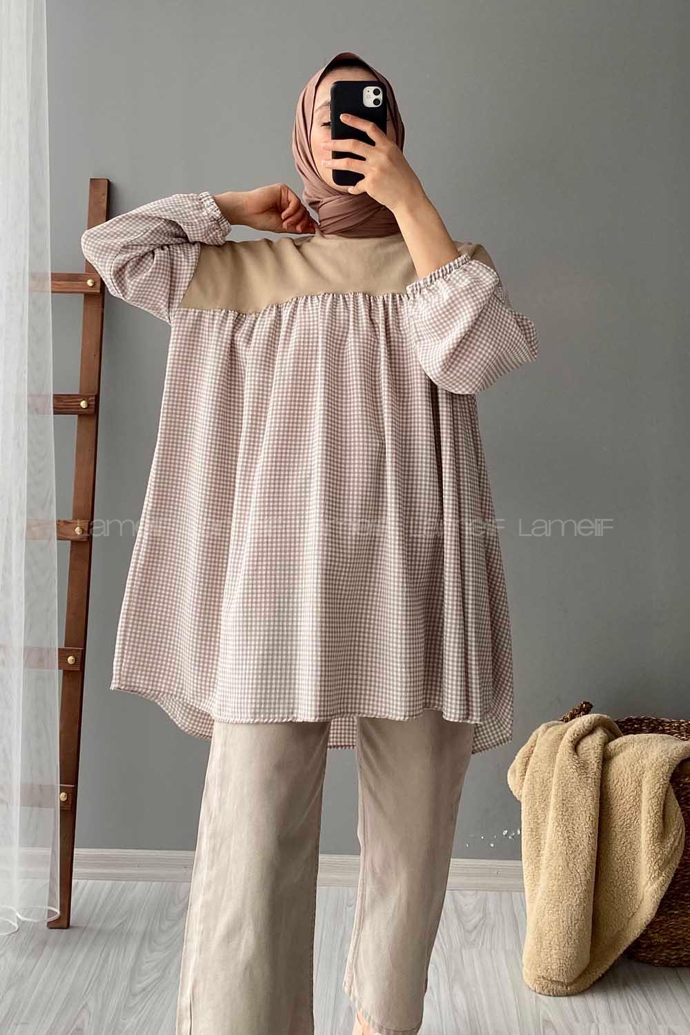 Modalamelif Ekose Garnili Sweatshirt Sütlü Kahve