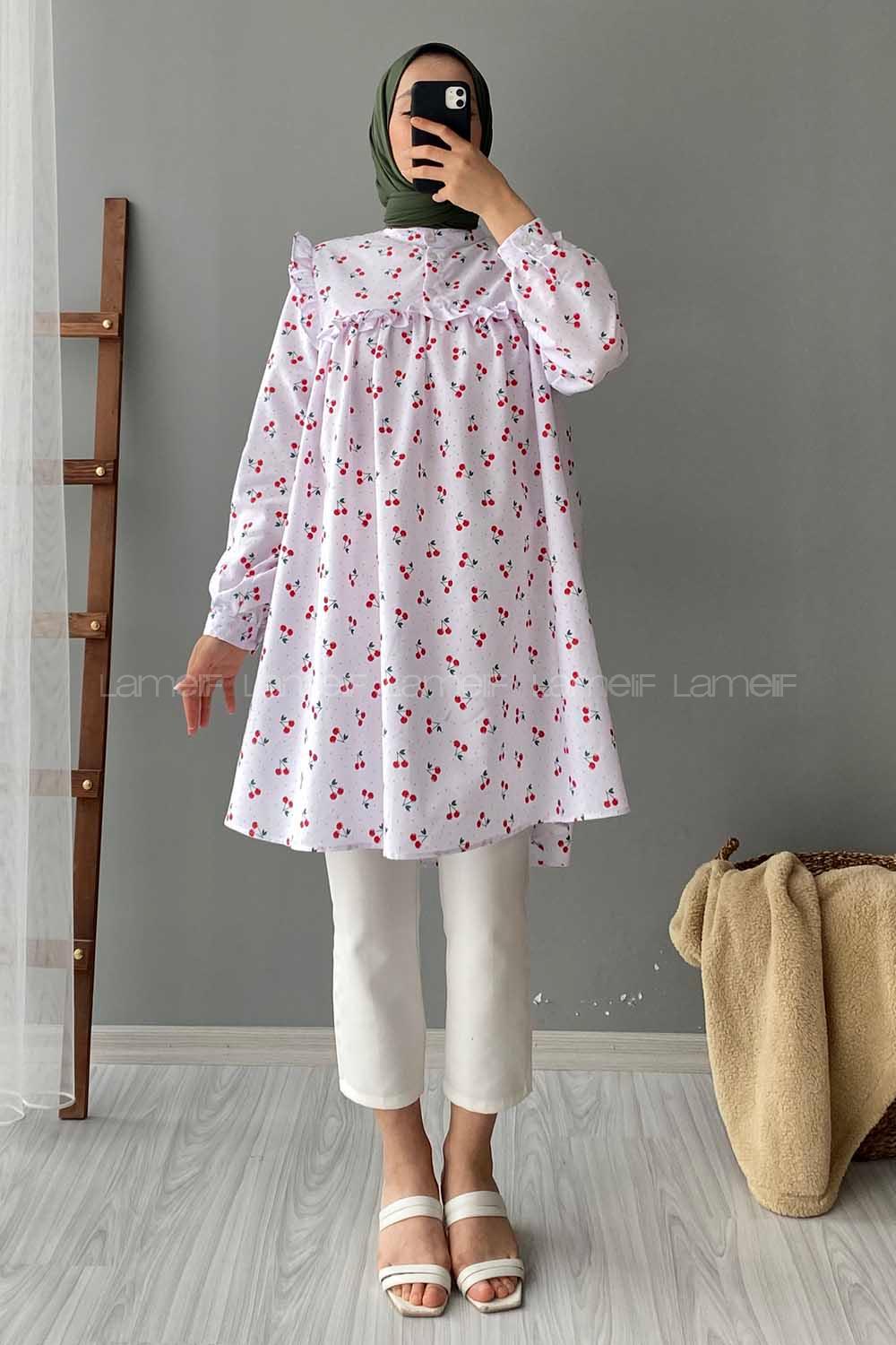 Modalamelif Hakim Yaka Kiraz Desenli Tunik Beyaz