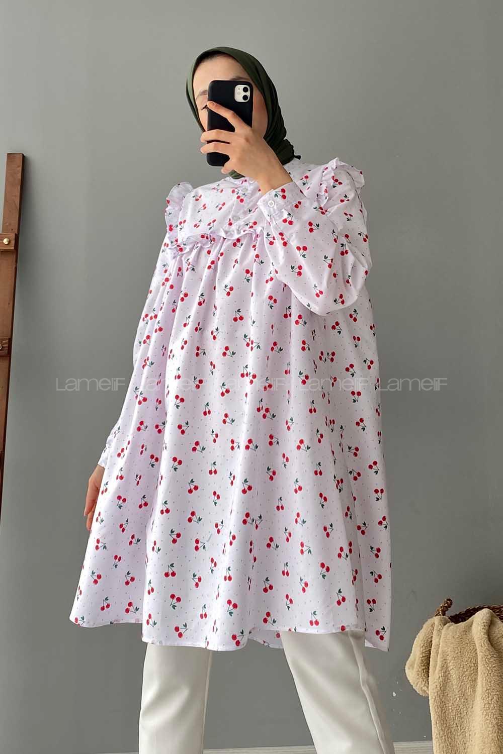 Modalamelif Hakim Yaka Kiraz Desenli Tunik Beyaz