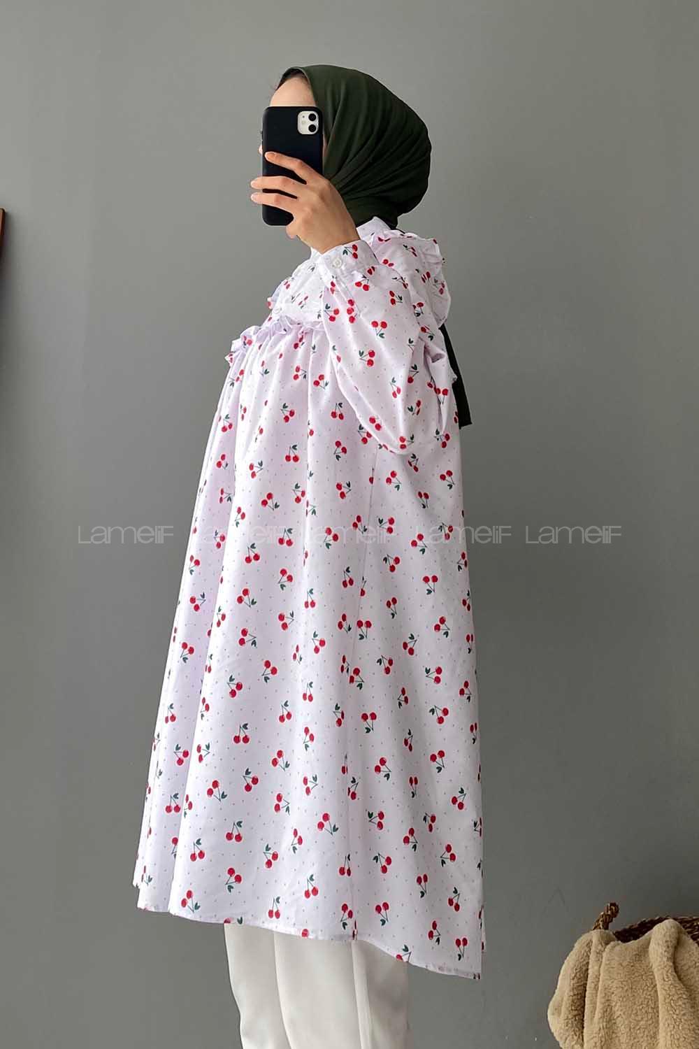 Modalamelif Hakim Yaka Kiraz Desenli Tunik Beyaz