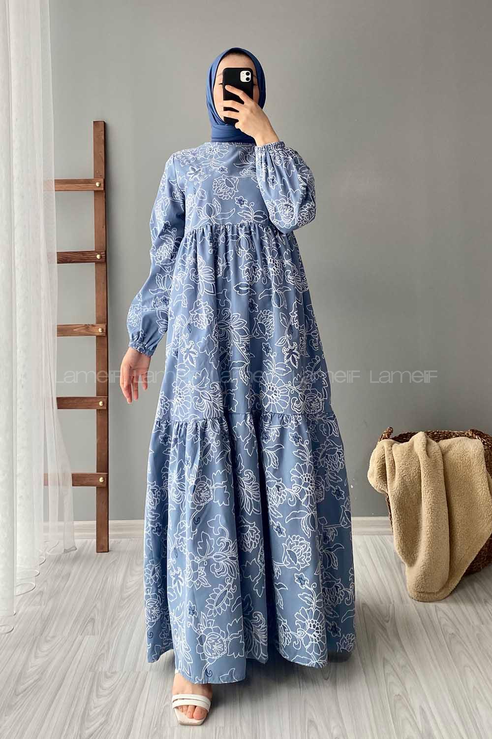 Modalamelif Kilim Desen Elbise Açık Mavi