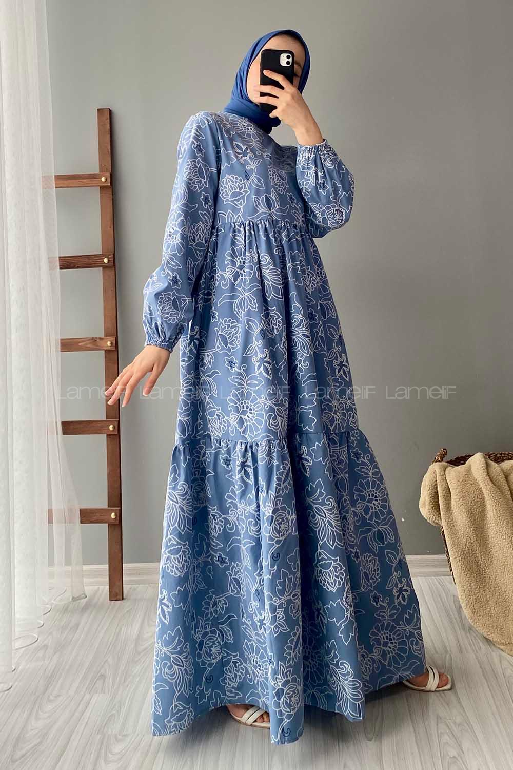 Modalamelif Kilim Desen Elbise Açık Mavi