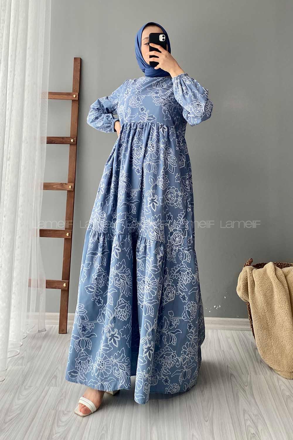 Modalamelif Kilim Desen Elbise Açık Mavi