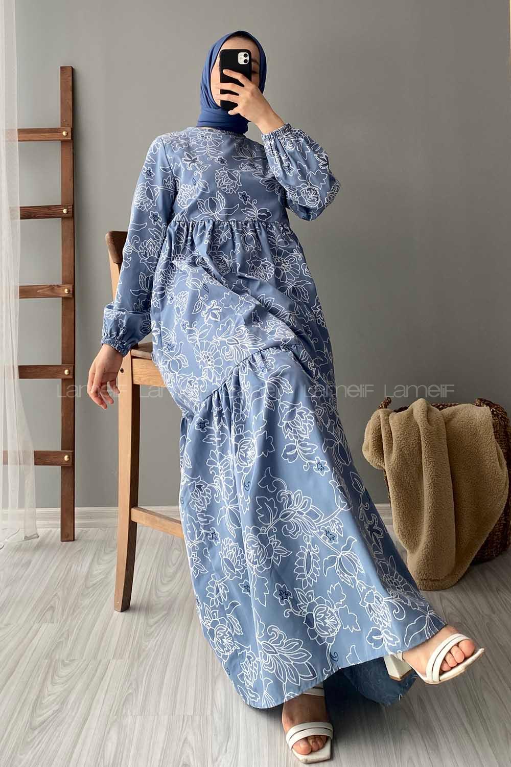 Modalamelif Kilim Desen Elbise Açık Mavi