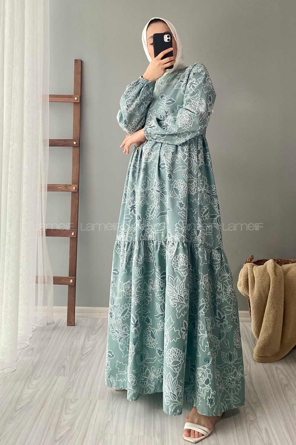 Modalamelif Kilim Desen Elbise Çağla Yeşili