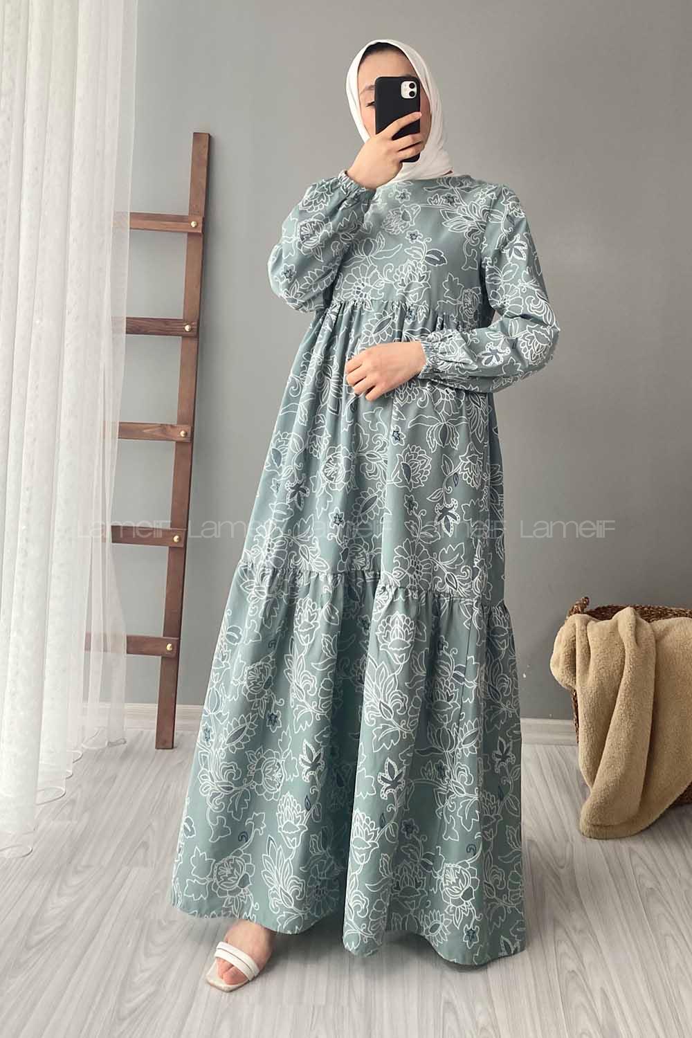 Modalamelif Kilim Desen Elbise Çağla Yeşili