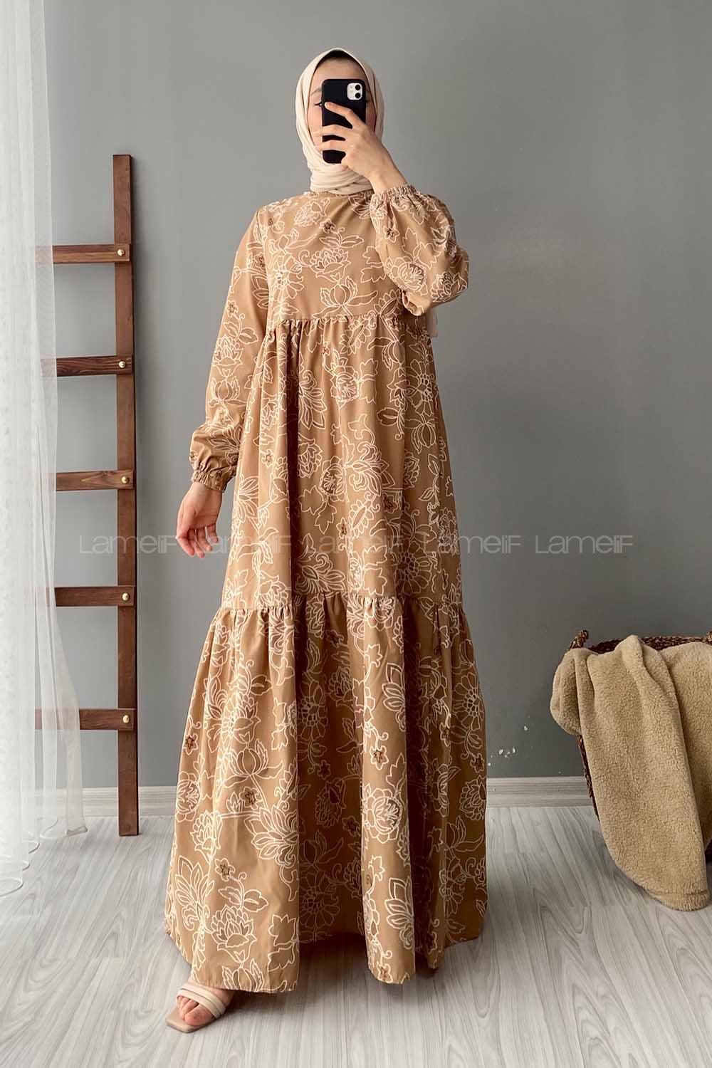 Modalamelif Kilim Desen Elbise Sütlü Kahve