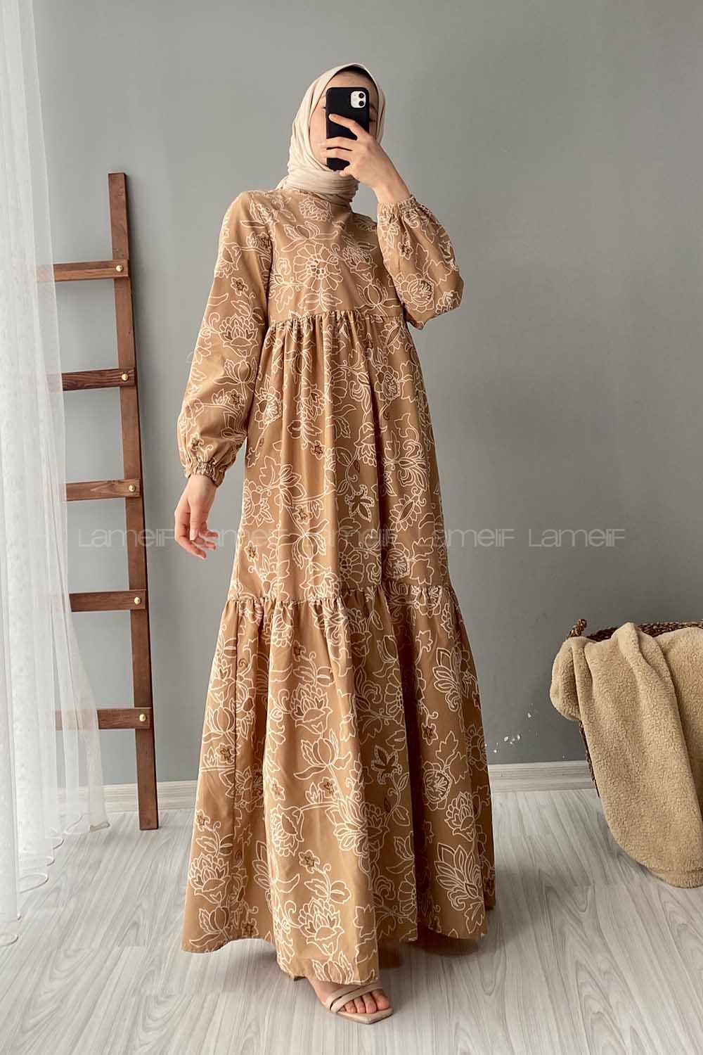 Modalamelif Kilim Desen Elbise Sütlü Kahve