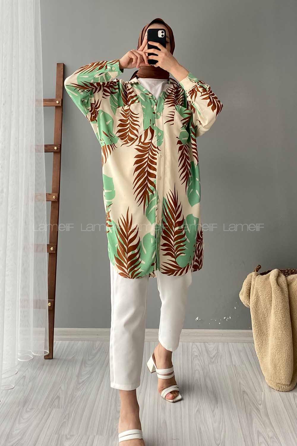 Modalamelif Yaprak Desen Dokuma Gömlek Yeşil-Kahve